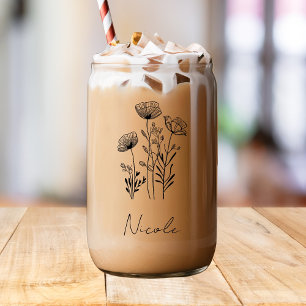 Wildflowers black hand-drawing custom name can glass