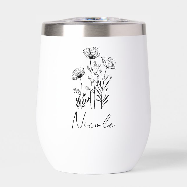 Wildflowers black hand-drawing custom name  thermal wine tumbler (Front)