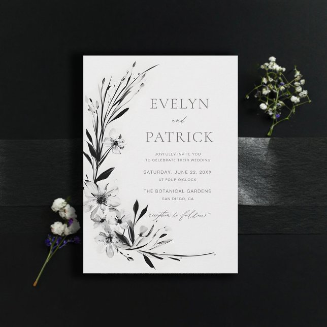 Wildflowers Black Modern Romantic Elegant Wedding Invitation (wildflowers wedding invitation black and white floral wreath formal elegant modern romantic)