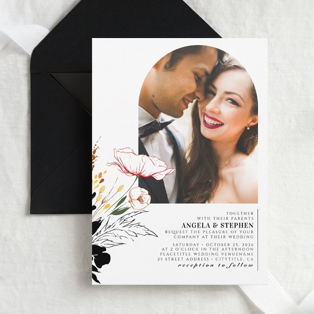 Wildflowers Black Wedding Elegant Boho Photo Invitation (Creator Uploaded)