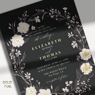 Wildflowers Black White Bold Gold Elegant Wedding Foil Invitation