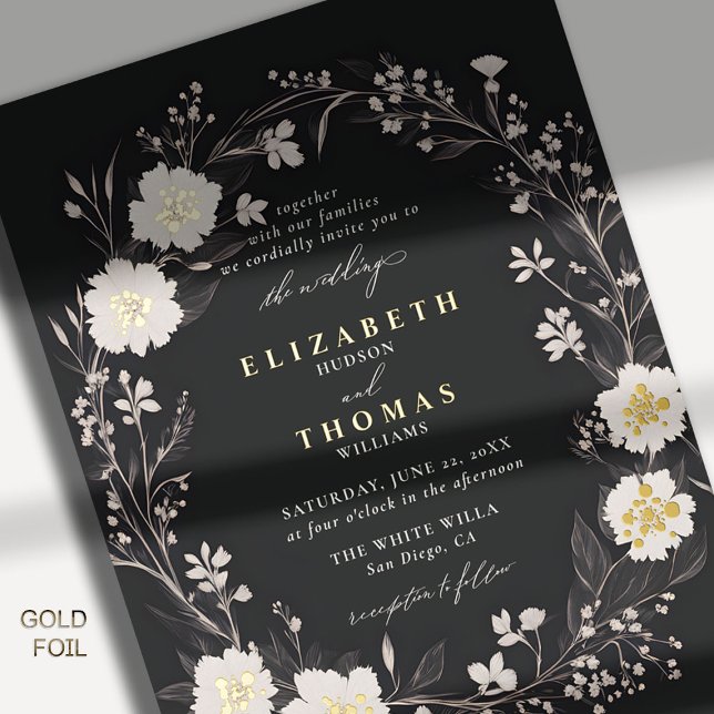 Wildflowers Black White Bold Gold Elegant Wedding Foil Invitation (wildflowers wedding invitation black white floral wreath formal elegant modern romantic boho gold)
