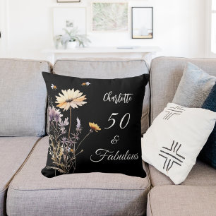 Wildflowers black yellow 50 fabulous birthday throw pillow