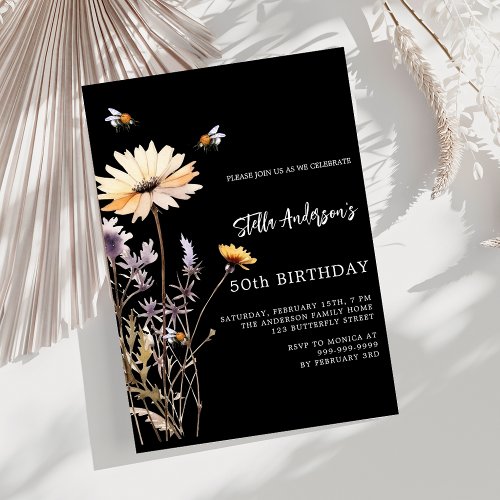 Wildflowers black yellow purple luxury birthday invitation