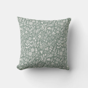 Wildflowers block print - sage green throw pillow