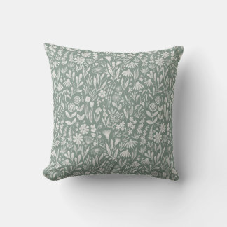 Wildflowers block print - sage green throw pillow