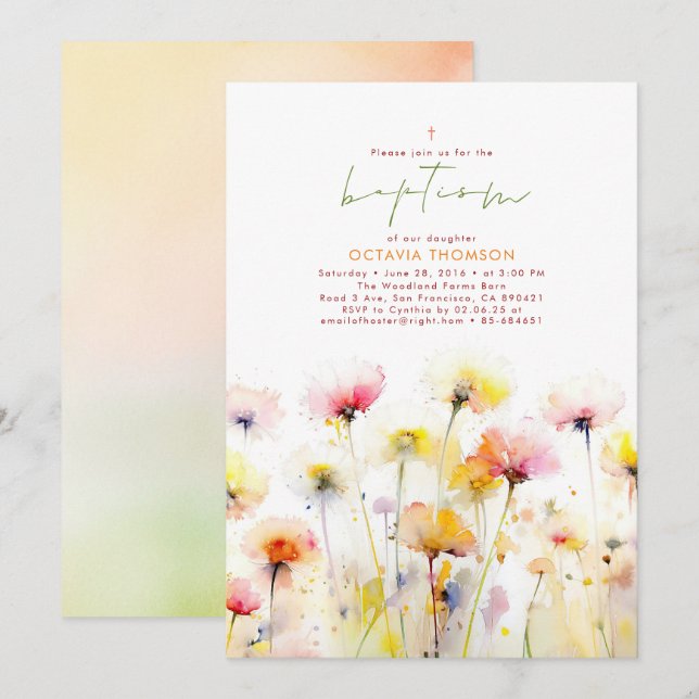 Wildflowers Blooms Elegant Boho Pink Baptism Invitation (Front/Back)