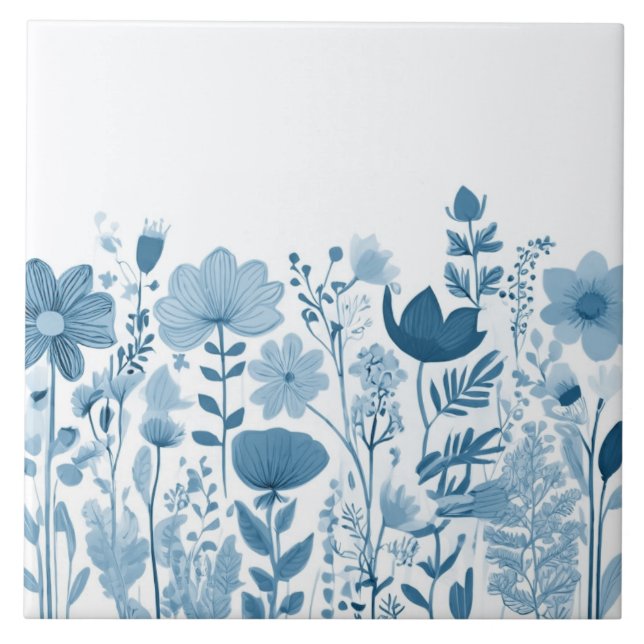 Wildflowers - Blue and White Floral Flowers Ceramic Tile (Front)