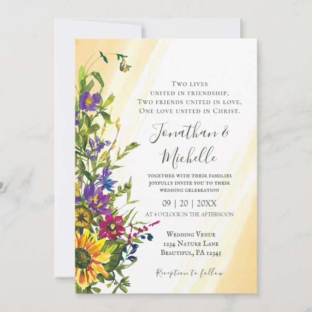 Wildflowers Blue Yellow Pink Christian Wedding Invitation (Front)