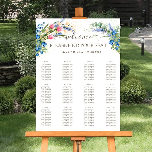 Wildflowers Blueberry Rustic Wedding Seating Chart Foam Board (Creator Uploaded)