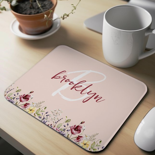 Wildflowers Blush Pink Burgundy White Monogram  Mouse Pad (Creator Uploaded)