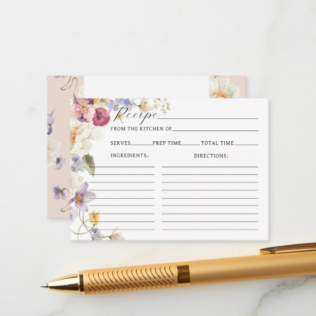 Wildflowers Boho Bridal Shower Recipe Enclosure Card (Front/Back In Situ)