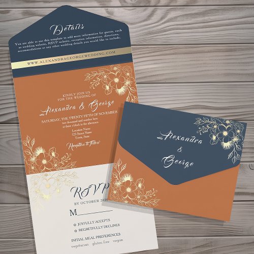 Wildflowers Boho Burnt Orange Wedding All In One Invitation