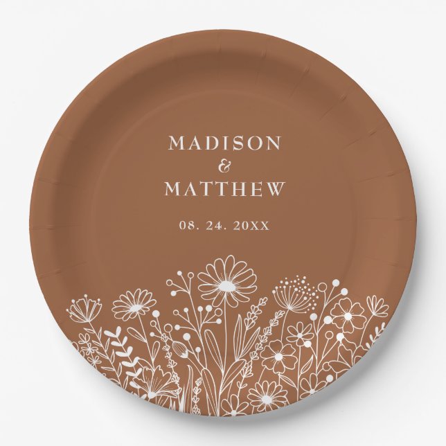 Wildflowers Boho Burnt Orange Wedding Paper Plates (Front)