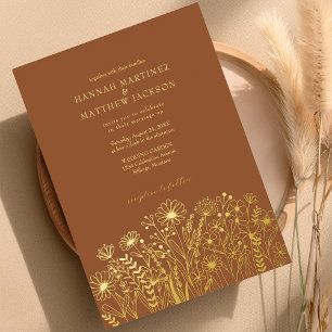 Wildflowers Boho Chic Gold and Terracotta Wedding  Foil Invitation
