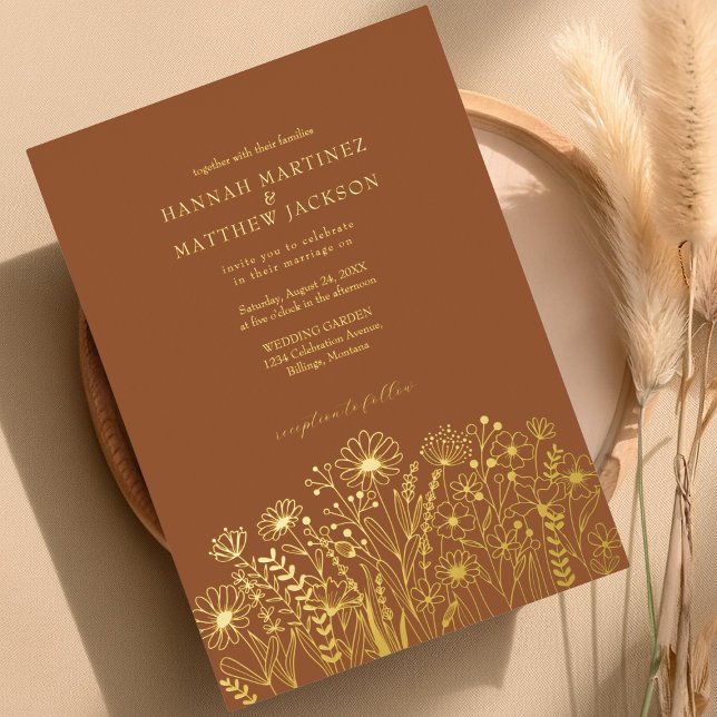 Wildflowers Boho Chic Gold and Terracotta Wedding  Foil Invitation (Creator Uploaded)