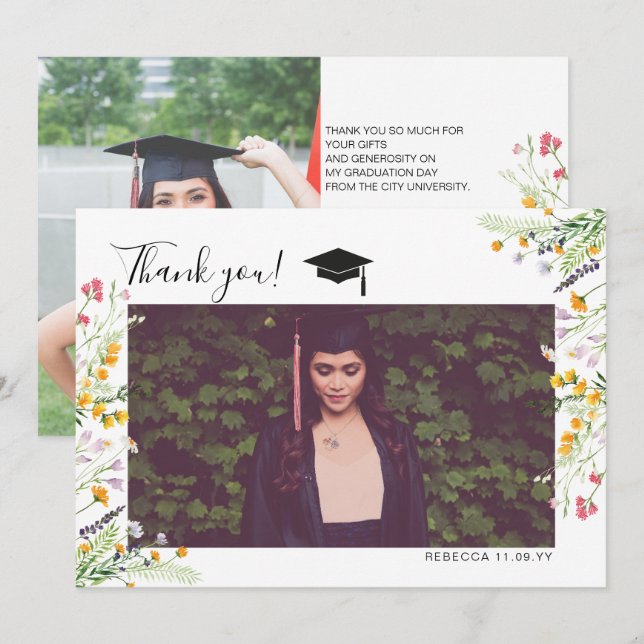 Wildflowers boho Graduation Thank you photo Card (Front/Back)