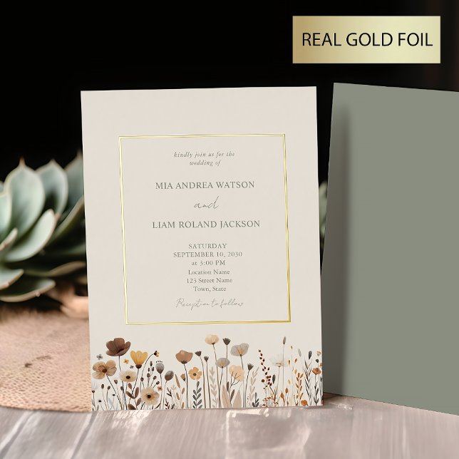 Wildflowers Boho Sage Green Gold Wedding Foil Invitation (Creator Uploaded)
