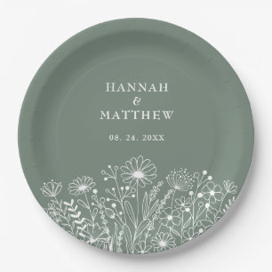 Wildflowers Boho Sage Green Wedding Paper Plates