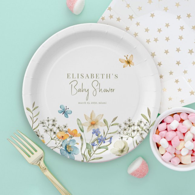 Wildflowers boho spring personalized baby shower paper plates (Creator Uploaded)