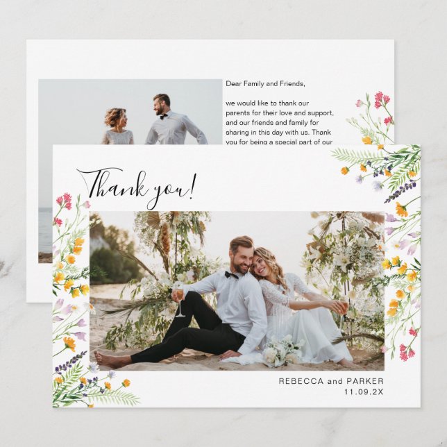 Wildflowers boho Wedding Thank you photo Card (Front/Back)