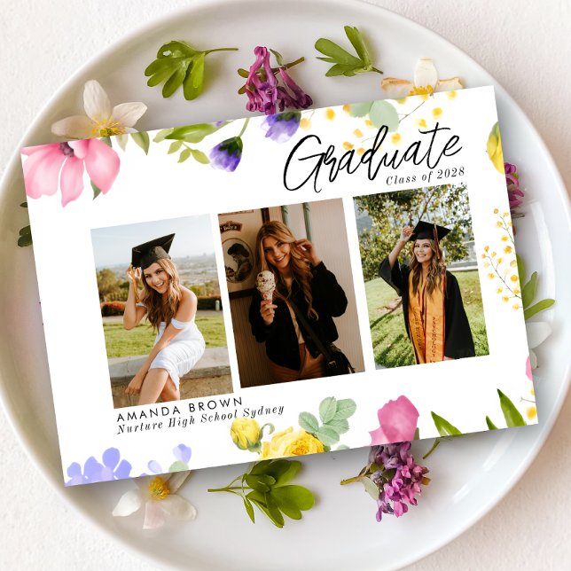 Wildflowers Bold Three Photo Graduation 2025 Invitation (Creator Uploaded)