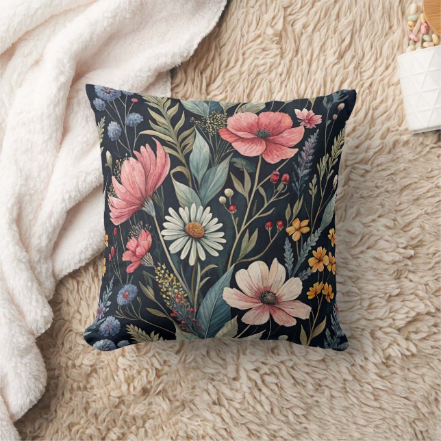 Wildflowers Botanical Inspiration Black Throw Pillow (Blanket)