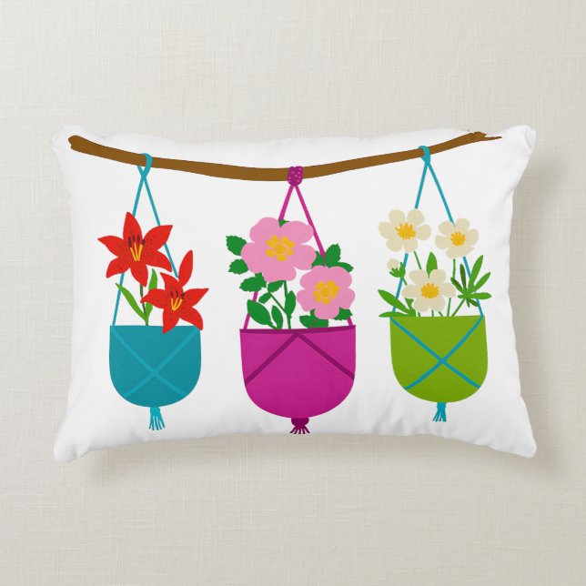 WILDFLOWERS: Botanical Trio in Hanging Planters Accent Pillow (Front)