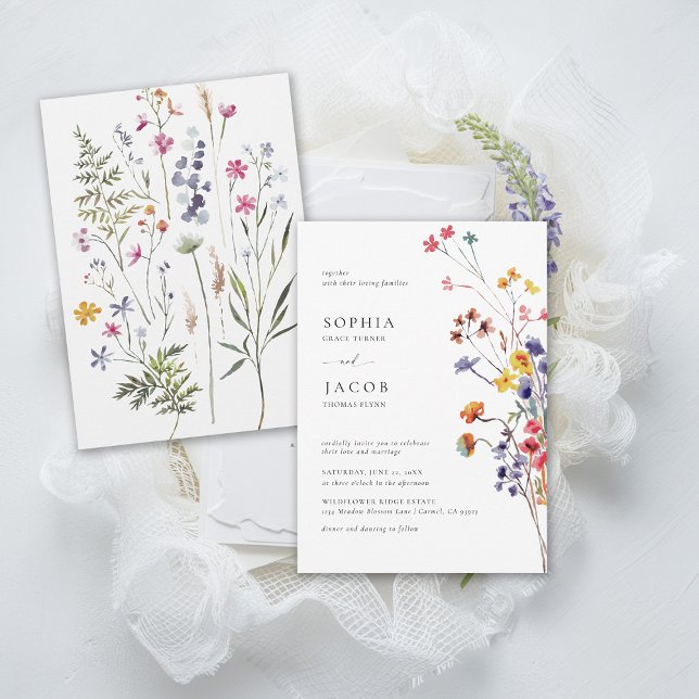 Wildflowers Bouquet Happy Colorful Modern Wedding Invitation (wildflower wedding theme colorful frame invitation garden outdoors meadow forest spring summer fall)