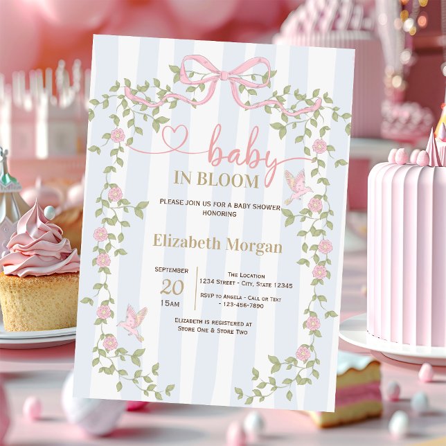Wildflowers Bow Blue Stripes Baby Shower Invitation (Creator Uploaded)