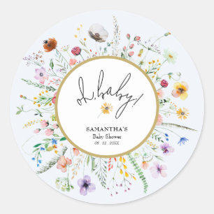 Wildflowers Boy Baby Shower Blue Classic Round Sticker