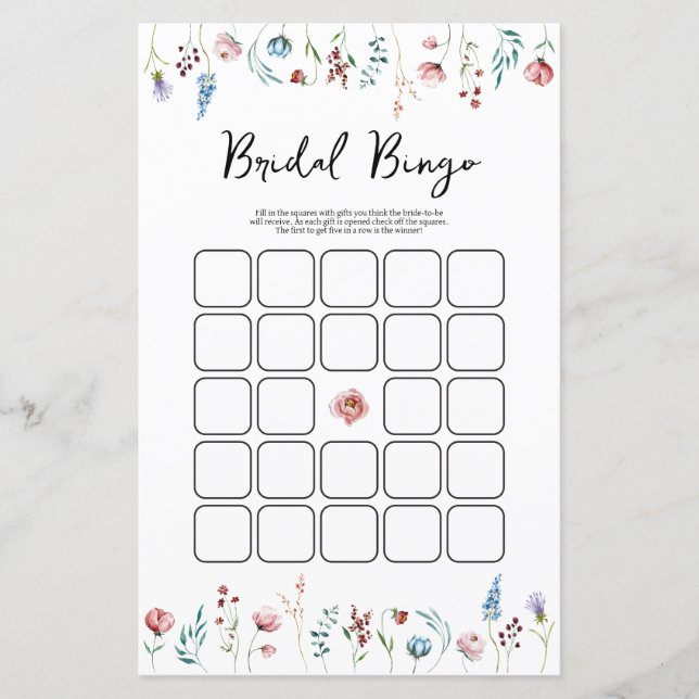 Wildflowers bridal shower bingo game (Front)