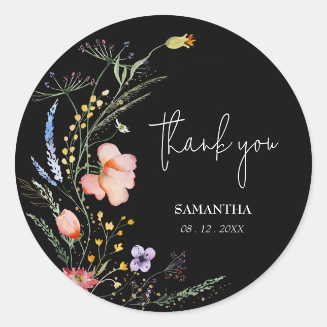 Wildflowers Bridal Shower Black Classic Round Sticker (Front)