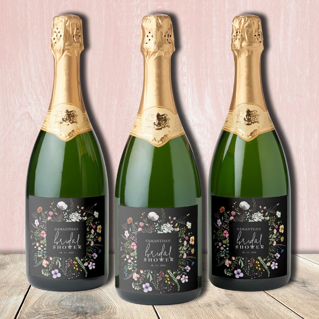 Wildflowers Bridal Shower Black Sparkling Wine Label (Wildflowers bridal shower personalized black champagne bottle labels)