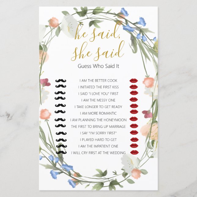  Wildflowers Bridal Shower he said, she said Game (Front)