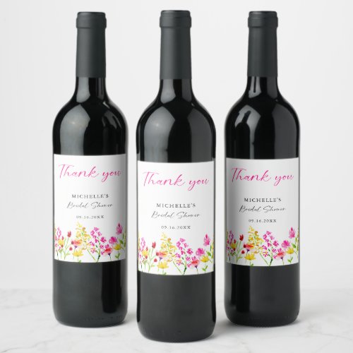 Wildflowers Bridal Shower Script Pink Florals  Wine Label