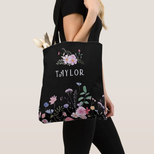 wildflowers bridesmaid black background tote bag