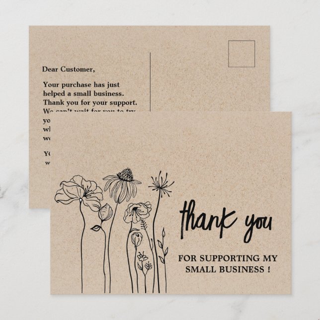 Wildflowers Brown Kraft Thank You Business Postcard (Front/Back)
