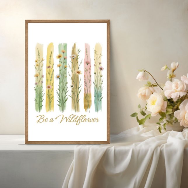 Wildflowers Brush Stroke Watercolor Green Gold  Poster (Wildflowers Brush Stroke Watercolor Be A Wildflower Poster Print. Printed or Digital Download)