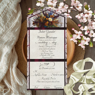 Wildflowers, Burgundy Ribbon & Lace Wedding All In One Invitation
