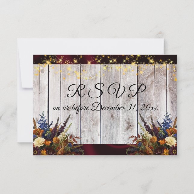 Wildflowers, Burgundy Ribbon & Lights  RSVP Card (Front)