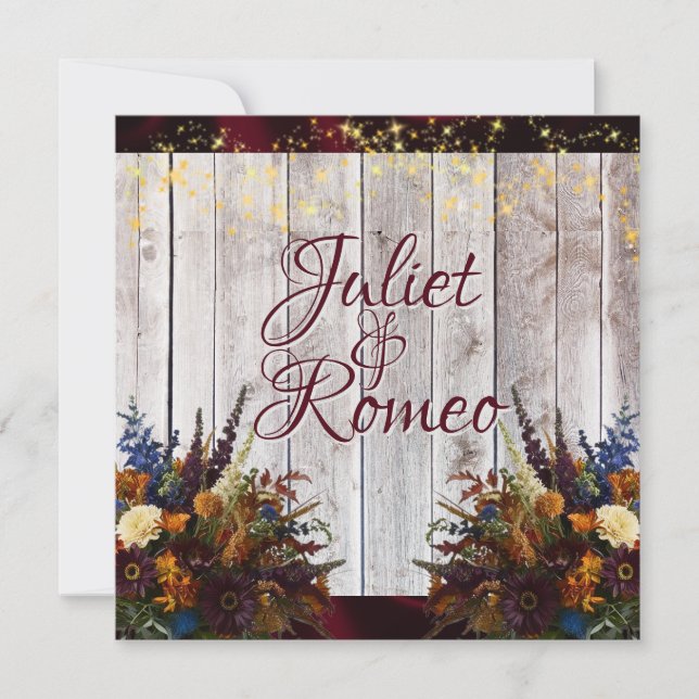 Wildflowers, Burgundy Ribbon & Lights Wedding Invitation (Front)