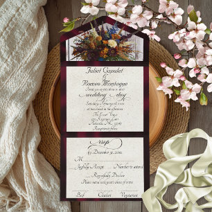 Wildflowers & Burgundy Ribbon Wedding All In One Invitation