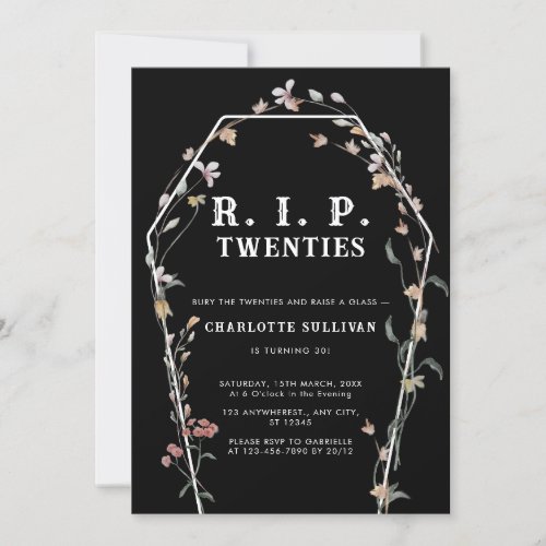 Wildflowers Bury Rip 20s Black 30th Birthday Invitation