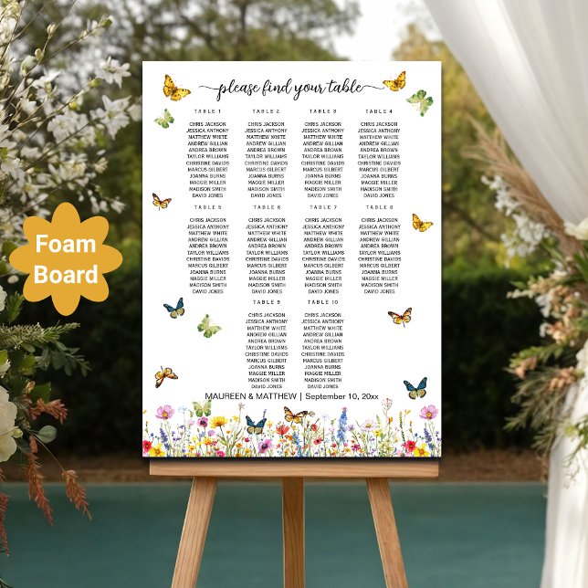Wildflowers Butterflies 10 Tables Wedding Seating Foam Board (Creator Uploaded)