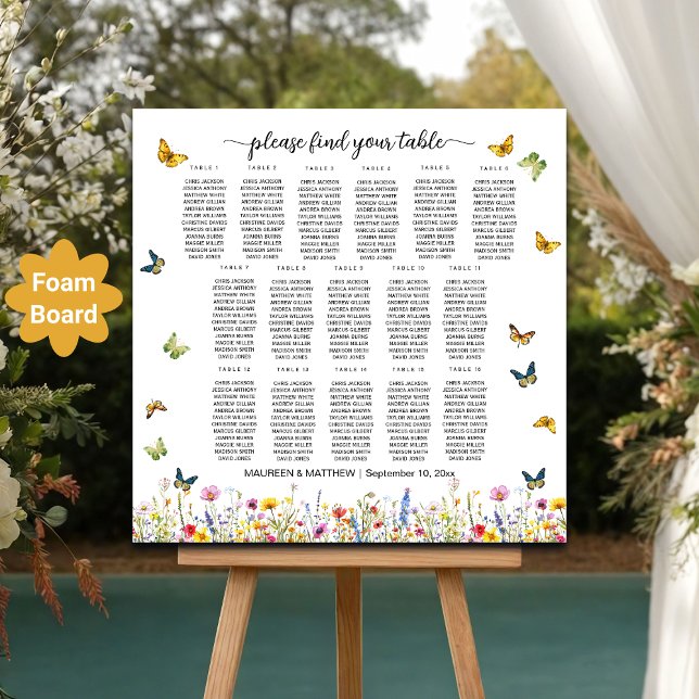 Wildflowers Butterflies 16 Tables Wedding Seating Foam Board (Creator Uploaded)