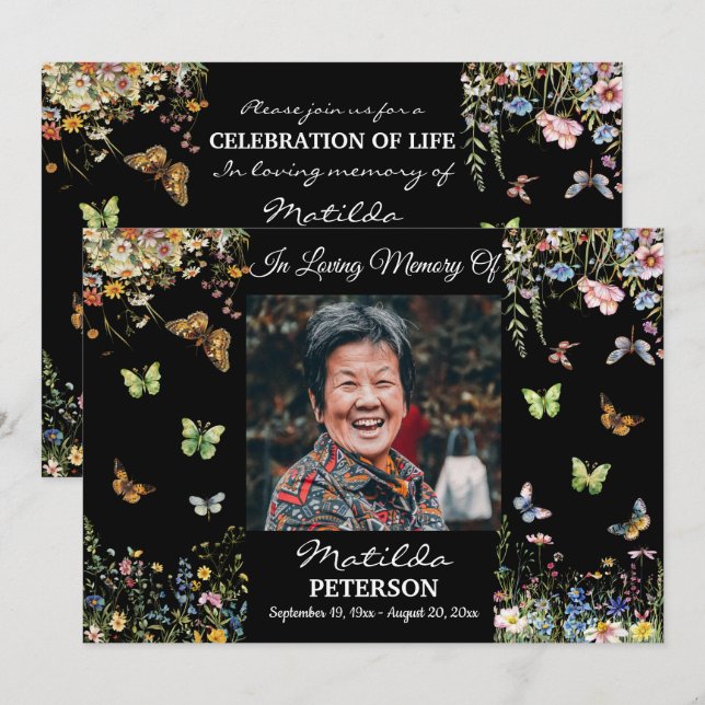 Wildflowers Butterflies 1 Photo Funeral Invitation (Front/Back)
