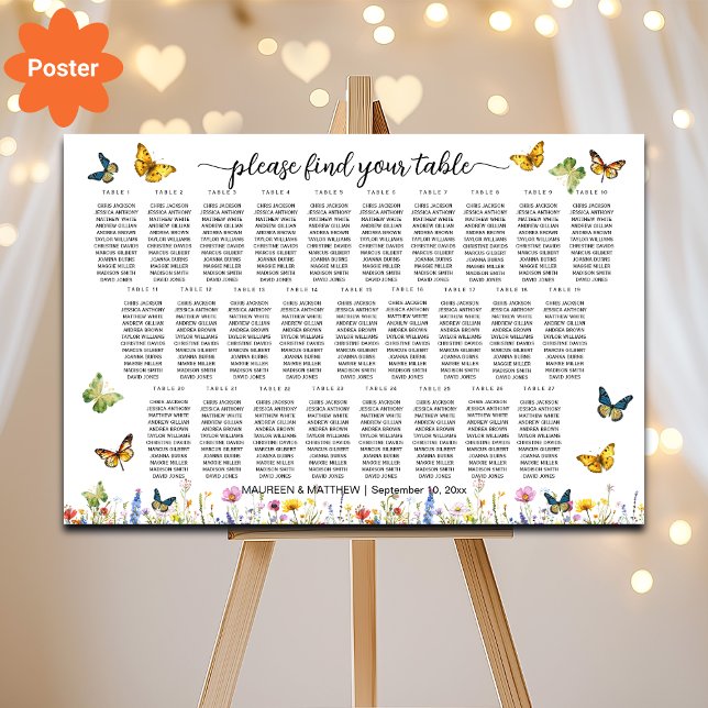 Wildflowers Butterflies 27 Tables Wedding Seating Poster (Creator Uploaded)