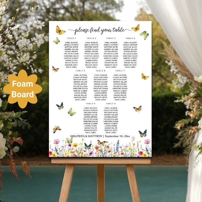 Wildflowers Butterflies 9 Tables Wedding Seating Foam Board (Creator Uploaded)