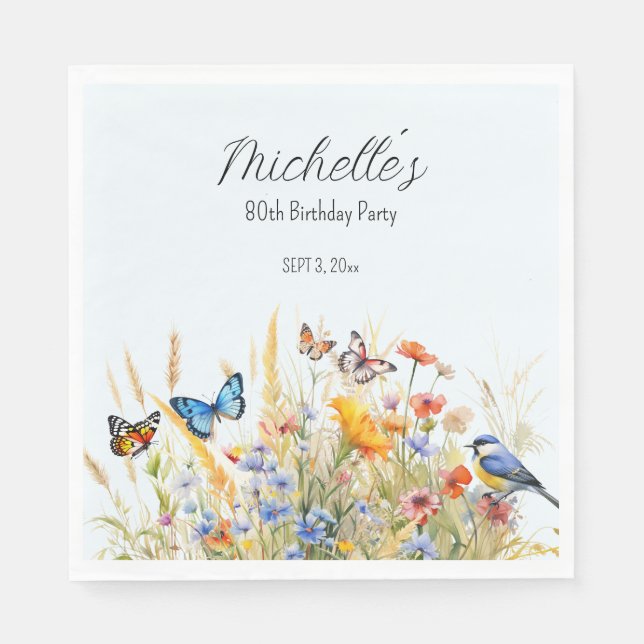 Wildflowers Butterflies Birds Surprise 80th  Napkins (Front)